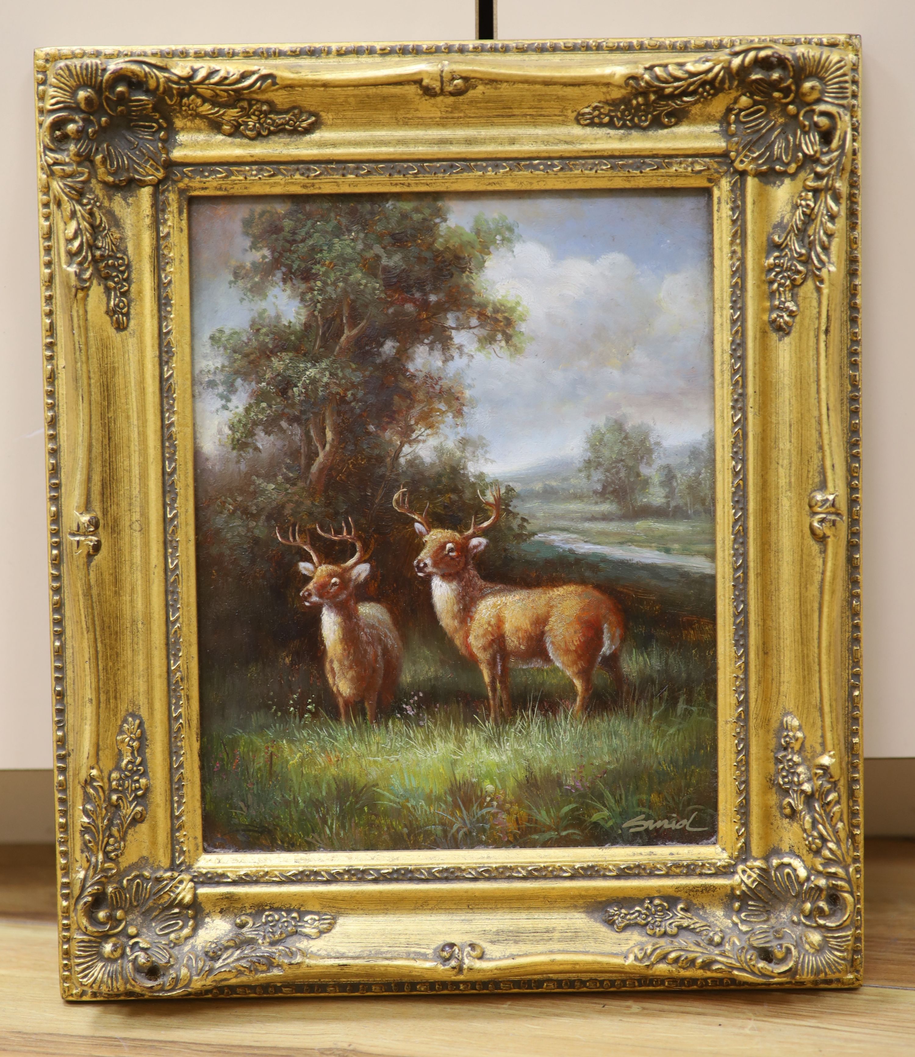 A modern oil on board of deer in a landscape, 24 x 19cm